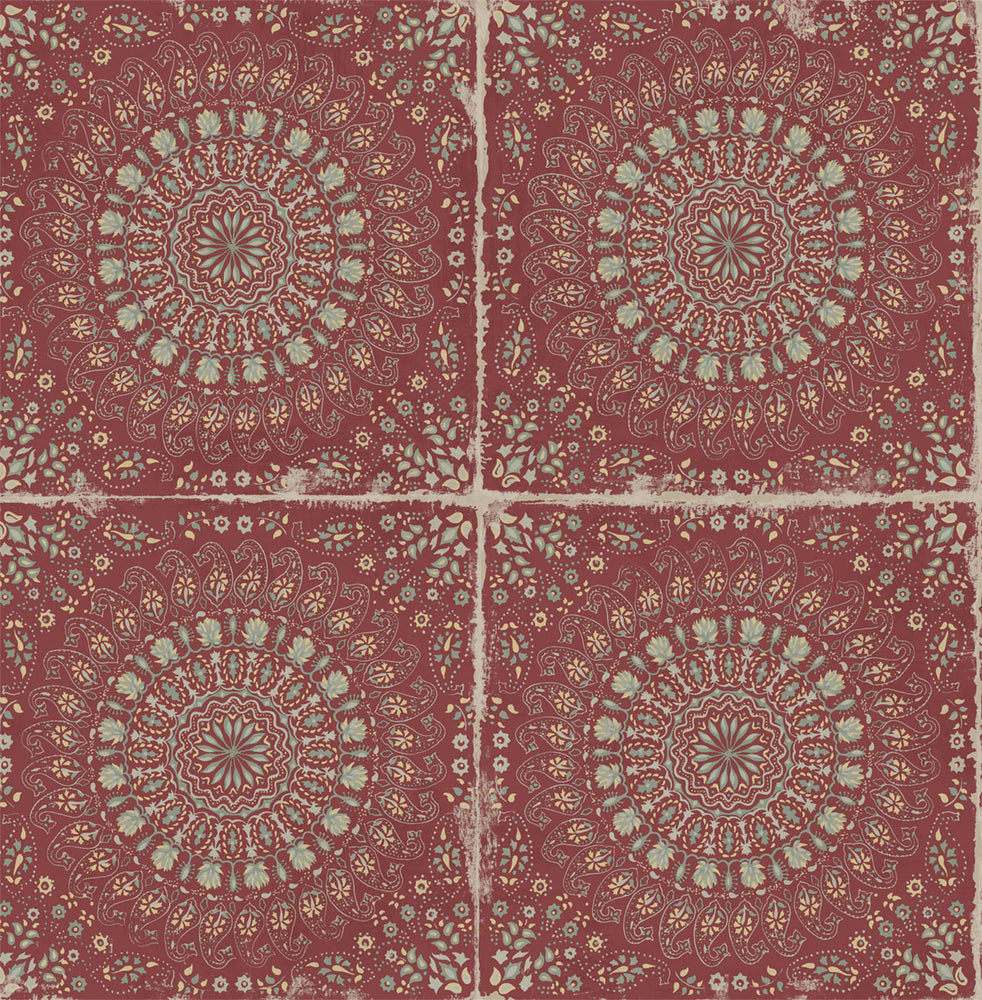 RY30710 red mandala tile rustic wallpaper from the Boho Rhapsody collection by Seabrook Designs