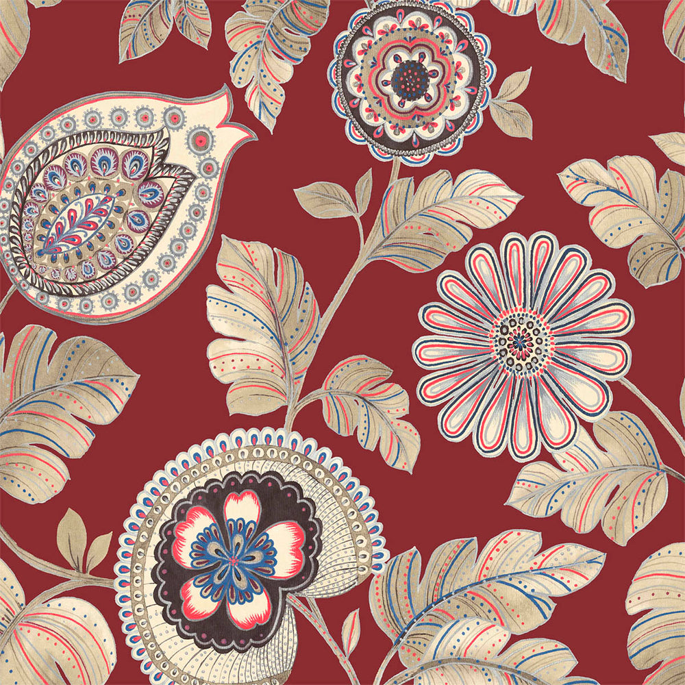 Boho Rhapsody Cabernet and Coral Calypso Paisley Leaf Fabric