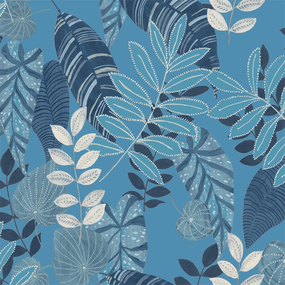 Boho Rhapsody Sky Blue and Champlain Tropicana Leaves Fabric