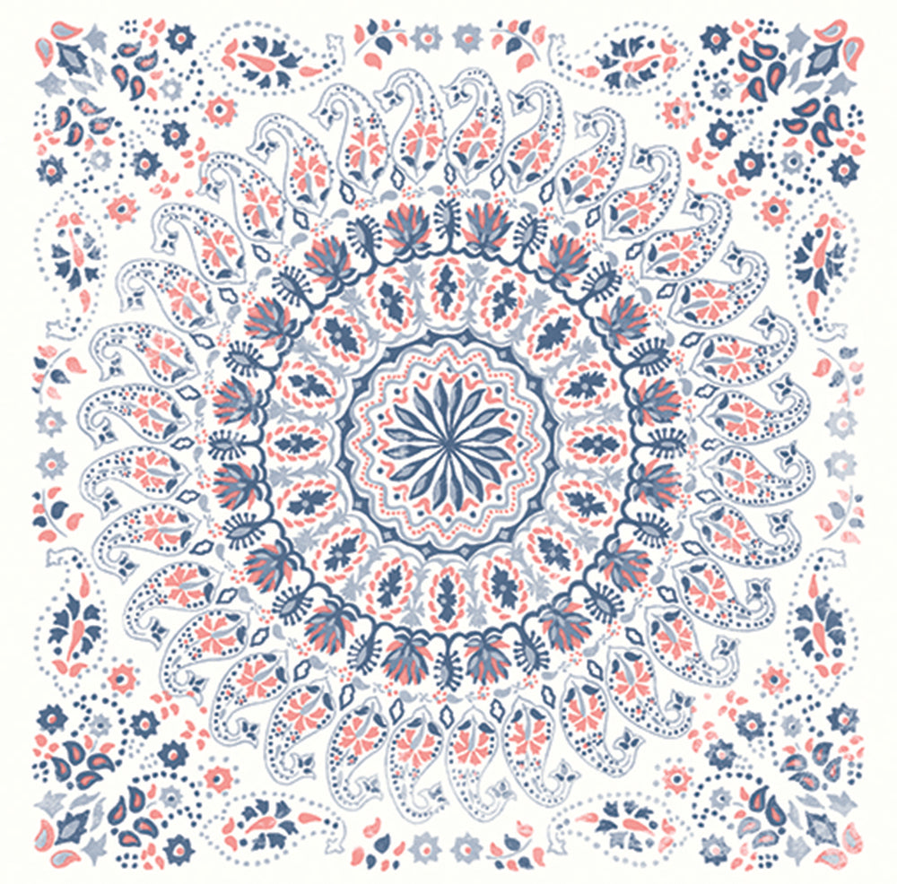 Boho Rhapsody Coral and Midnight Blue Mandala Tile Fabric