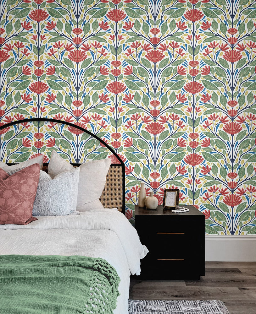 SC20601 folk floral wallpaper bedroom from the Summer House collection by Seabrook Designs