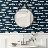 SC21512 fish coastal wallpaper bathroom from the Summer House collection by Seabrook Designs
