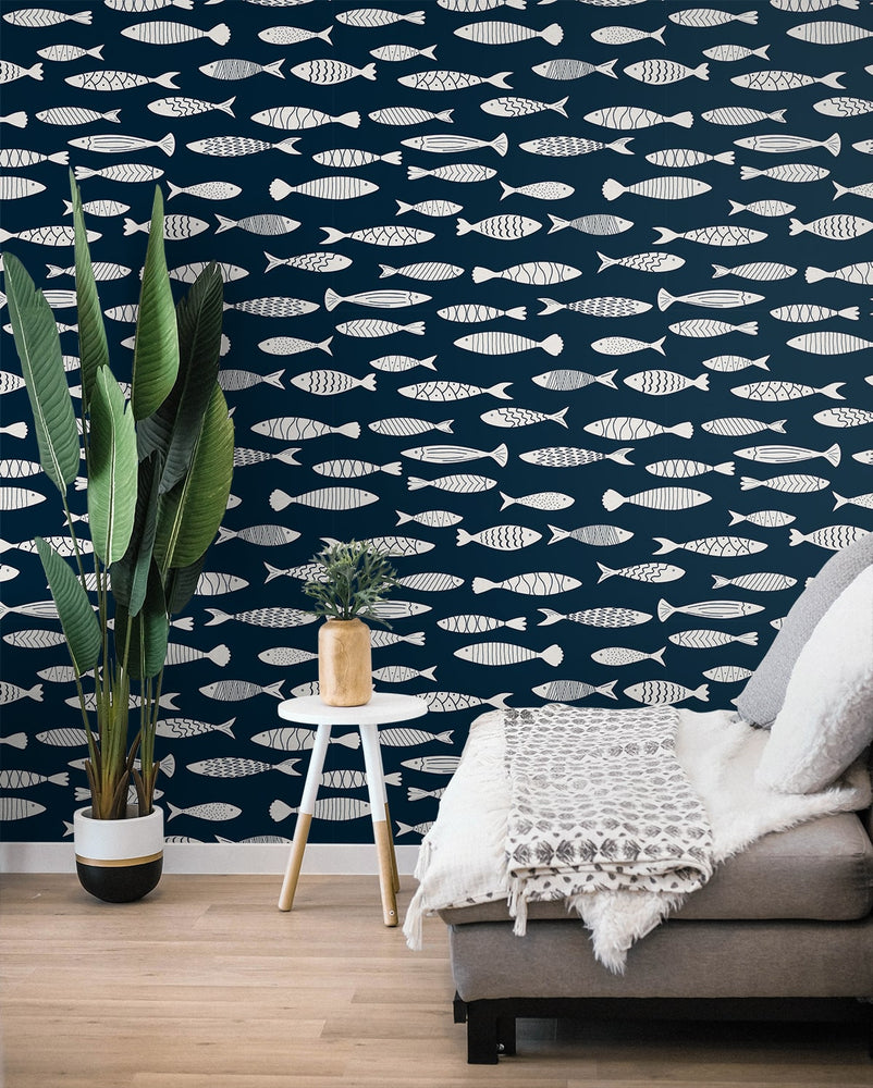 SC21512 fish coastal wallpaper living room from the Summer House collection by Seabrook Designs