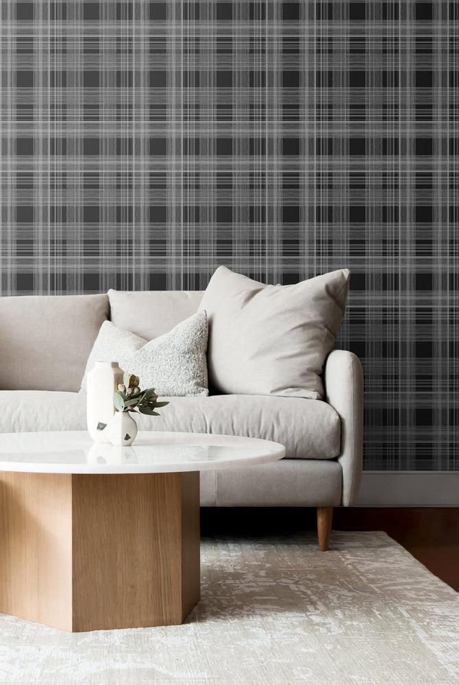 SG10010 rad plaid peel and stick removable wallpaper living room from The Sojourn Collection by Stacy Garcia Home
