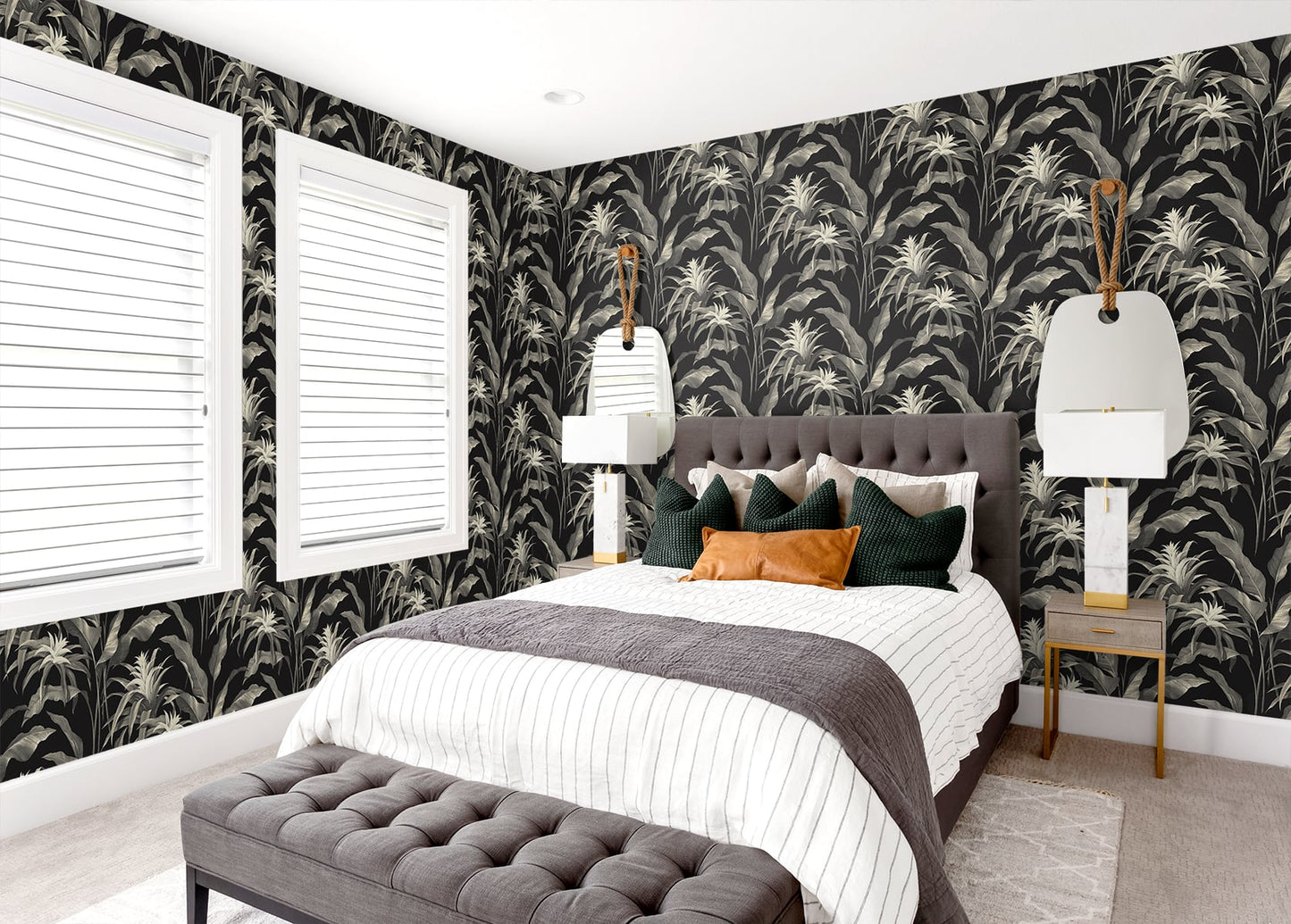 SG10300 Palma botanical peel and stick wallpaper bedroom from the Sojourn Collection by Stacy Garcia Home