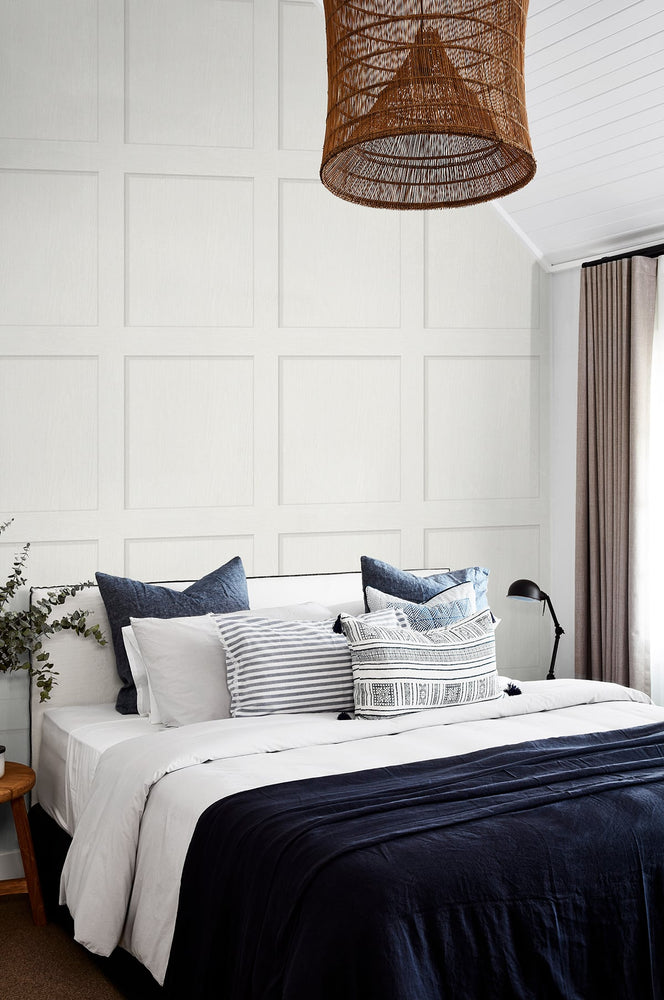 SG10700 square away faux wood peel and stick wallpaper bed from The Sojourn Collection by Stacy Garcia Home