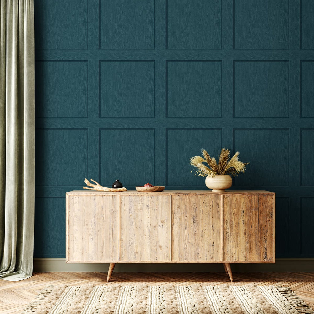 SG10704 square away faux wood peel and stick wallpaper entryway from The Sojourn Collection by Stacy Garcia Home