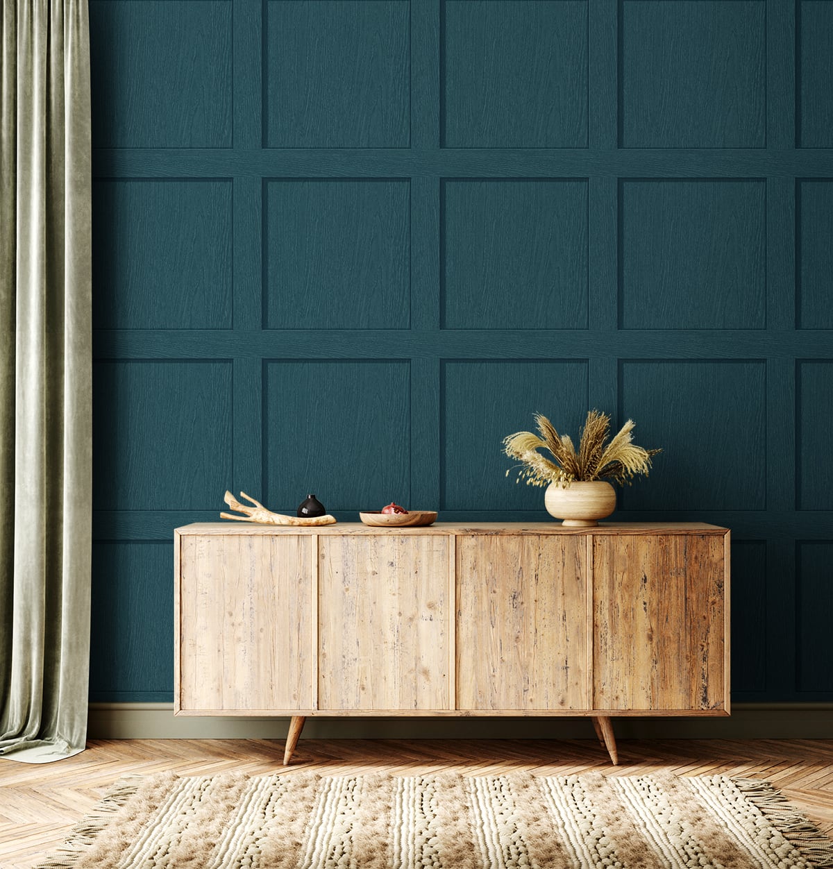 SG10704 square away faux wood peel and stick wallpaper entryway from The Sojourn Collection by Stacy Garcia Home