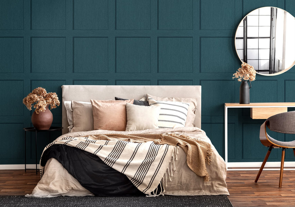 SG10704 square away faux wood peel and stick wallpaper bedroom from The Sojourn Collection by Stacy Garcia Home