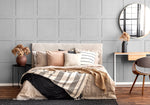 SG10708 square away faux wood peel and stick wallpaper bedroom from The Sojourn Collection by Stacy Garcia Home