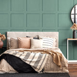 SG10714 square away faux wood peel and stick wallpaper bedroom from The Sojourn Collection by Stacy Garcia Home