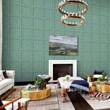 SG10714 square away faux wood peel and stick wallpaper living room from The Sojourn Collection by Stacy Garcia Home