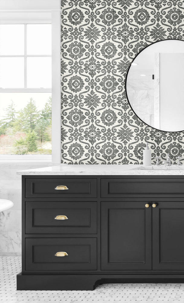 SG10800 Augustine geometric peel and stick removable wallpaper bathroom from The Sojourn Collection by Stacy Garcia Home