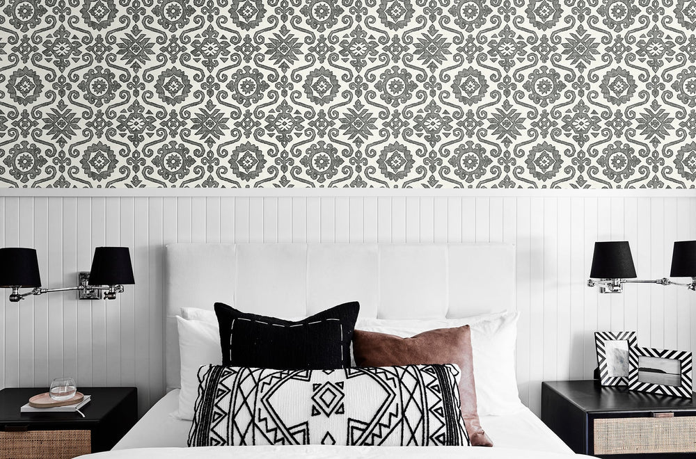 SG10800 Augustine geometric peel and stick removable wallpaper bedroom from The Sojourn Collection by Stacy Garcia Home