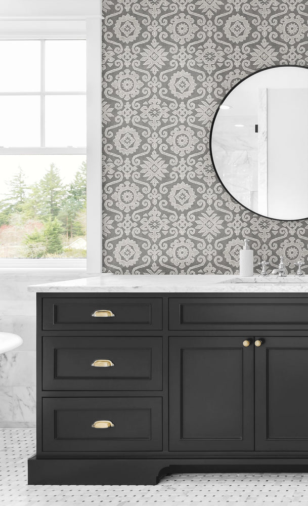 SG10806 Augustine geometric peel and stick removable wallpaper bathroom from The Sojourn Collection by Stacy Garcia Home