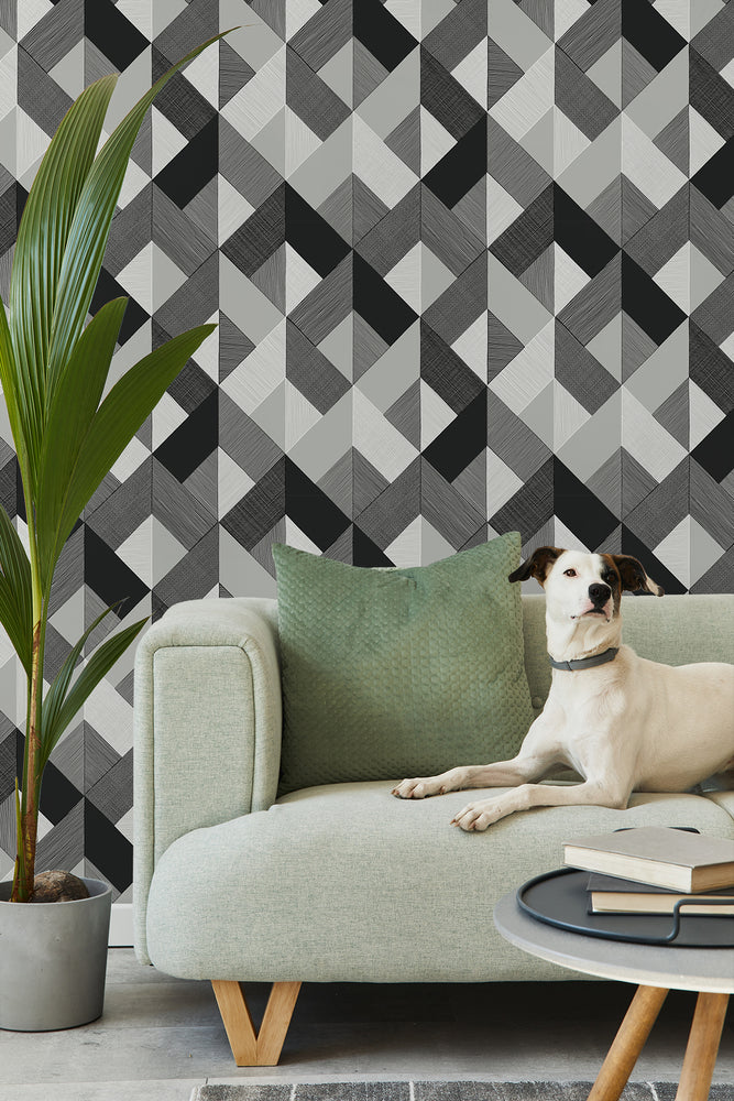 SG11100 Marquetry geometric peel and stick wallpaper living room from The Sojourn Collection by Stacy Garcia Home