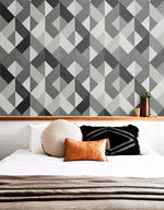 SG11100 Marquetry geometric peel and stick wallpaper bedroom from The Sojourn Collection by Stacy Garcia Home