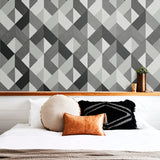 SG11100 Marquetry geometric peel and stick wallpaper bedroom from The Sojourn Collection by Stacy Garcia Home