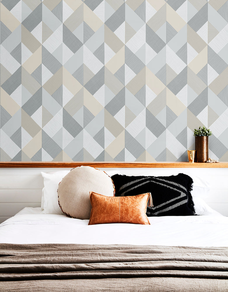 SG11108 Marquetry geometric peel and stick wallpaper bedroom from The Sojourn Collection by Stacy Garcia Home