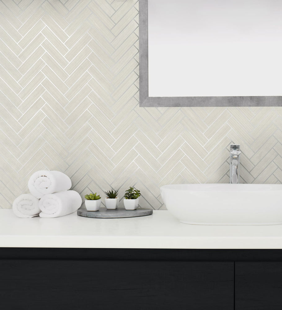 SG11300 herringbone inlay peel and stick removable wallpaper bathroom from Stacy Garcia Home