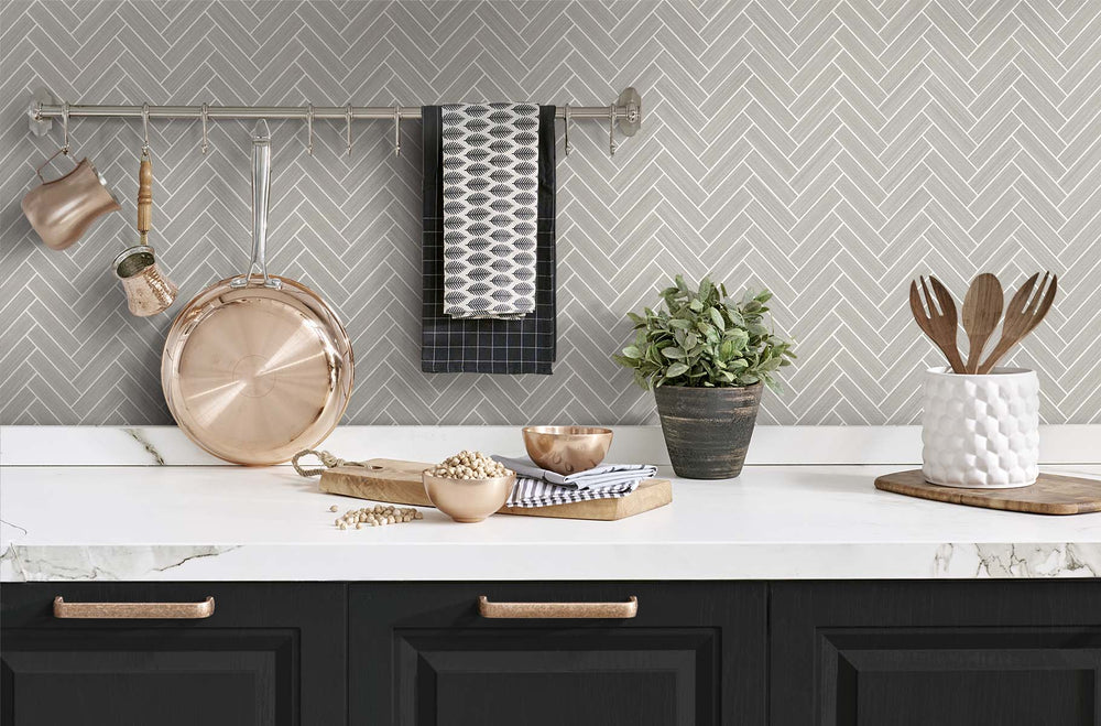 SG11308 herringbone inlay peel and stick removable wallpaper kitchen from Stacy Garcia Home
