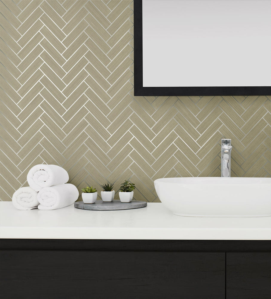 SG11313 herringbone inlay peel and stick removable wallpaper bathroom from Stacy Garcia Home