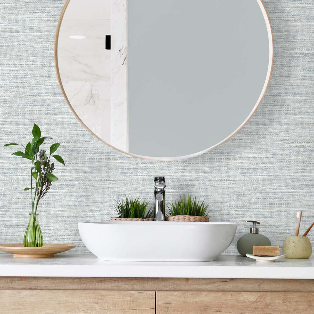 TG60404 faux jute textured vinyl wallpaper bathroom from the Tedlar Textures collection by DuPont