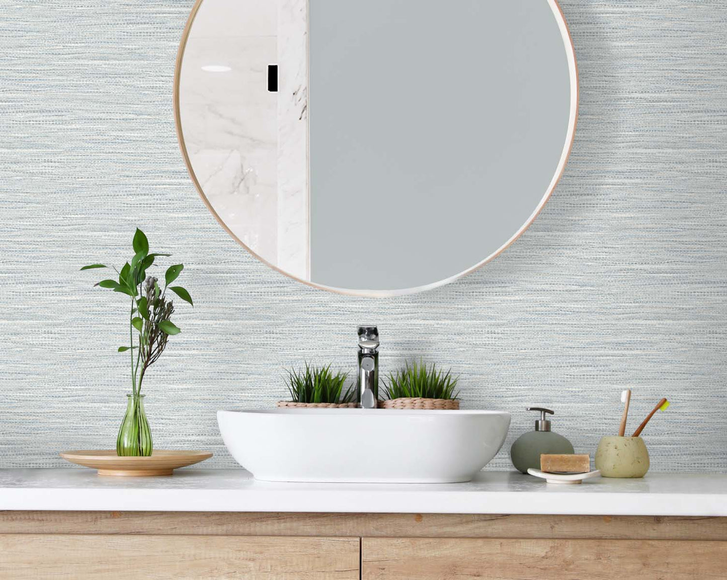 TG60404 faux jute textured vinyl wallpaper bathroom from the Tedlar Textures collection by DuPont