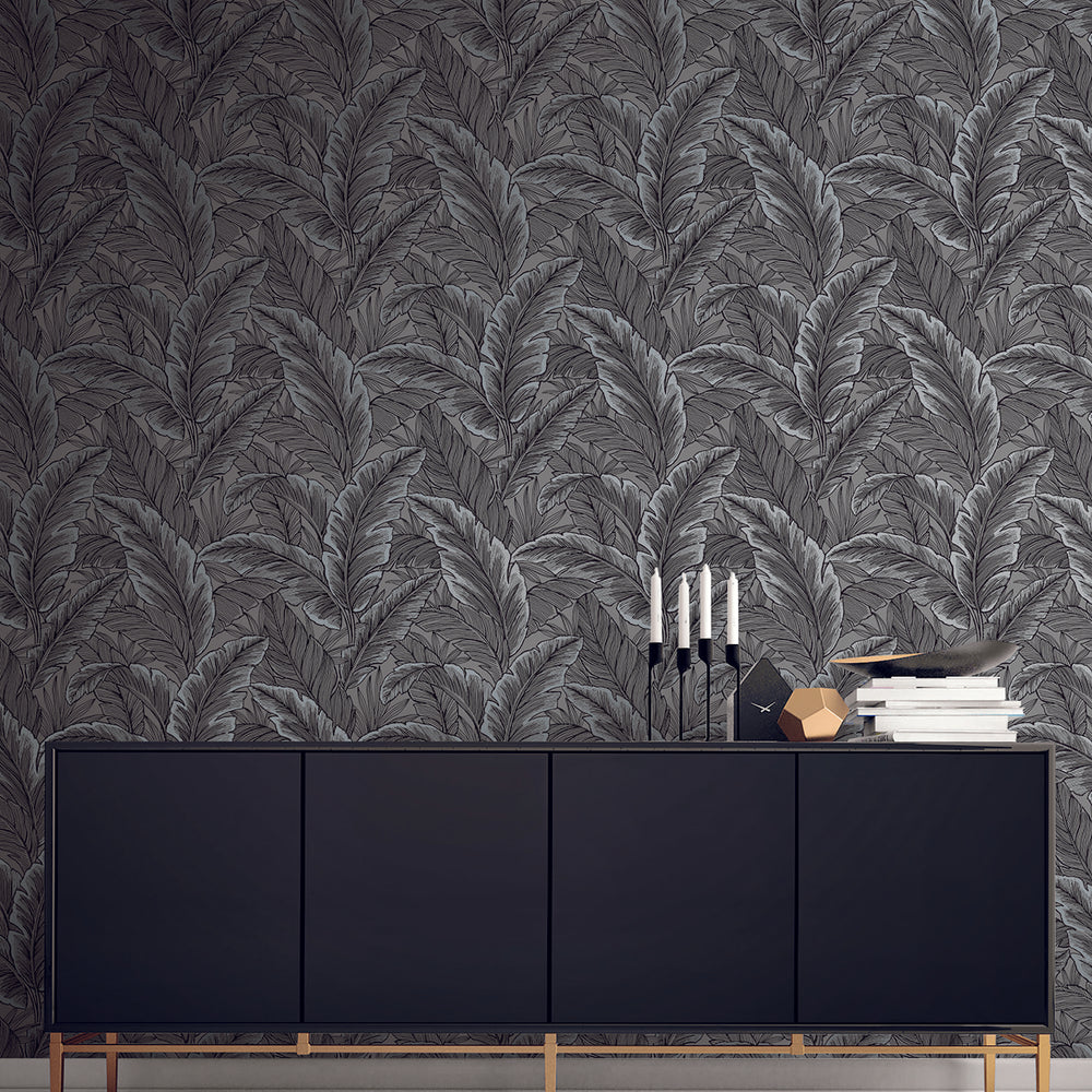 
                  
                    UK10004 palm leaf botanical wallpaper decor from the Black and White collection by Etten Gallerie
                  
                