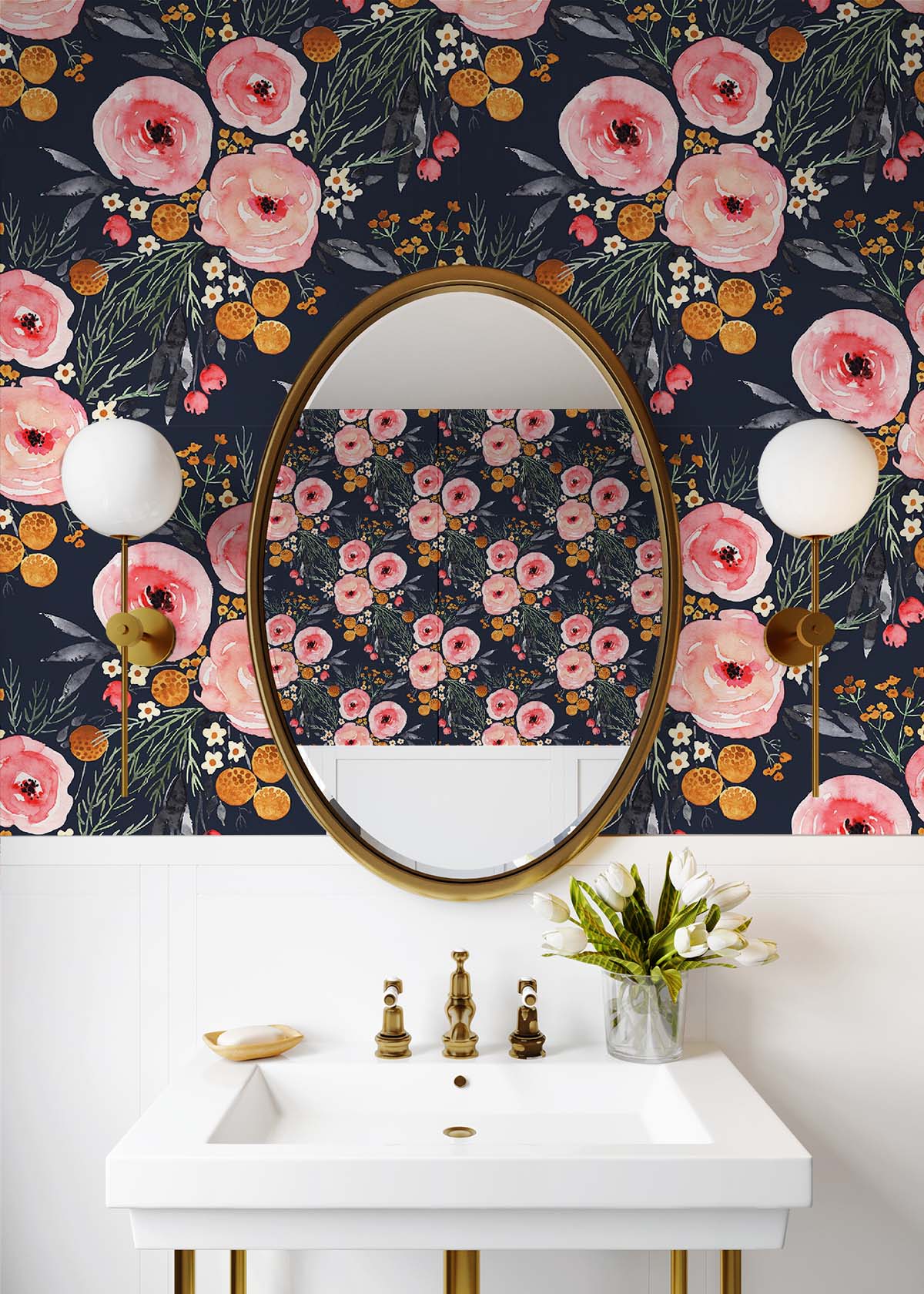Watercolor floral peel and stick wallpaper bathroom SD1002 from Say Decor