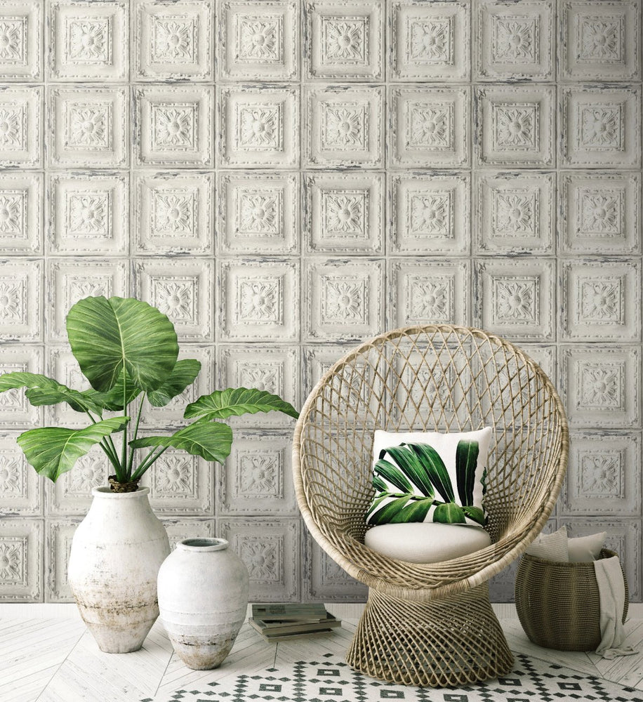 Distressed Tin Tile Peel and Stick Removable Wallpaper