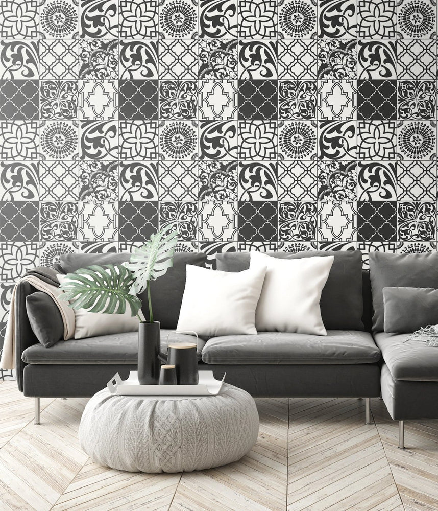 Black and White Graphic Tile Peel and Stick Removable Wallpaper