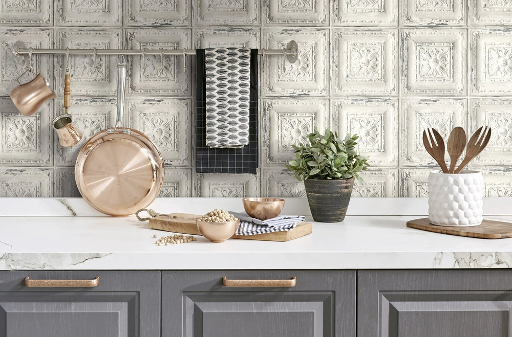 Distressed Tin Tile Peel and Stick Removable Wallpaper