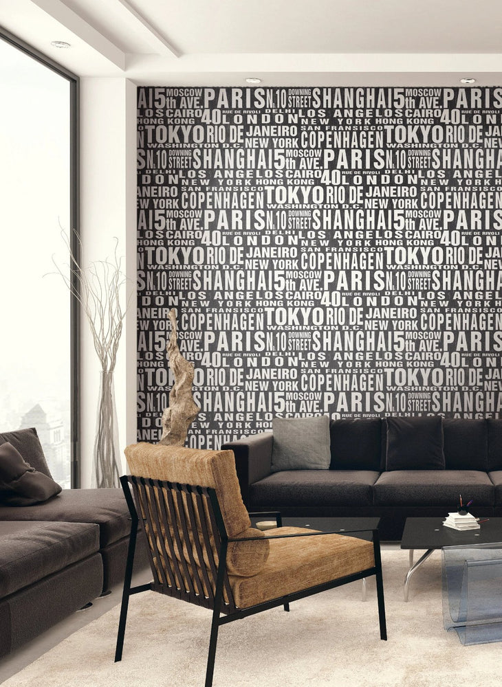 Around the World Black and White Peel and Stick Removable Wallpaper