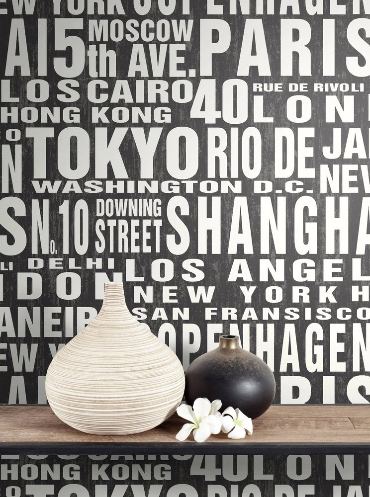 Around the World Black and White Peel and Stick Removable Wallpaper