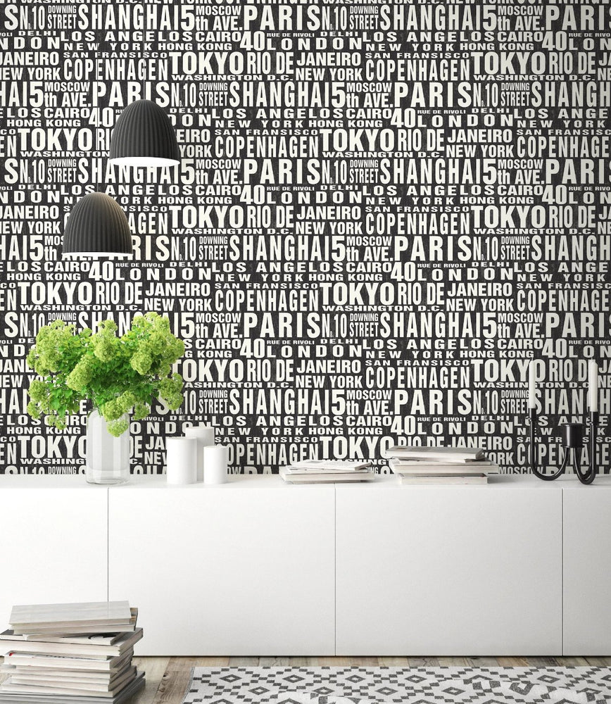 Around the World Black and White Peel and Stick Removable Wallpaper