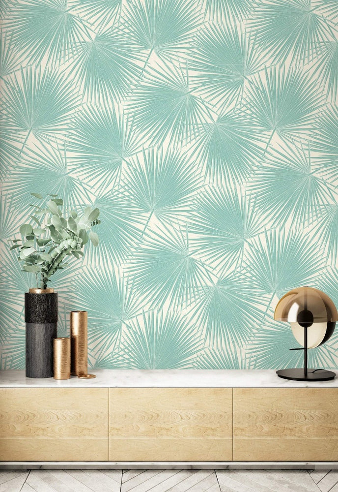 TA20202 teal aruba palm leaf tropical wallpaper from the Tortuga collection by Seabrook Designs