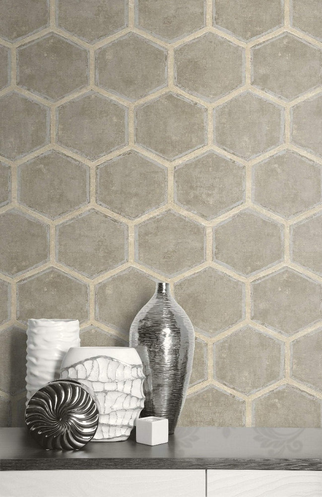MW31507 Wright geometric hexagon wallpaper decor from the Metalworks collection by Seabrook Designs