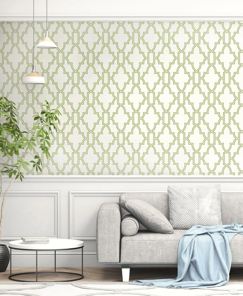 Green and White Tile Trellis Peel and Stick Removable Wallpaper