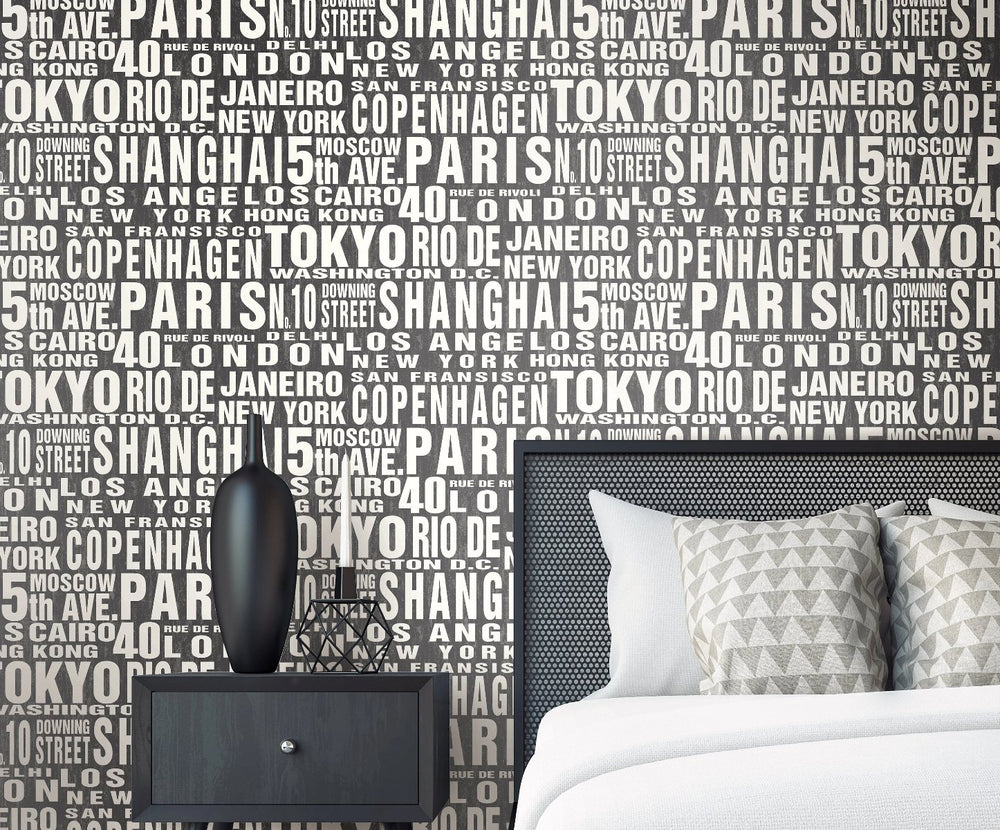 Around the World Black and White Peel and Stick Removable Wallpaper