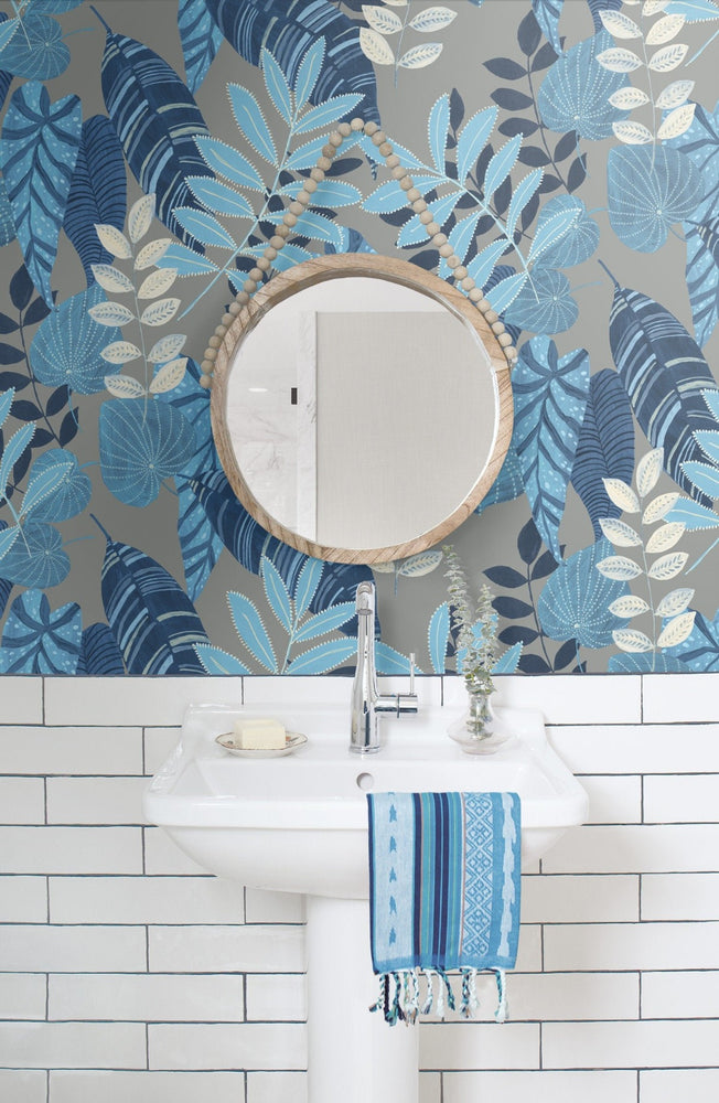 RY30912 tropicana leaves botanical wallpaper bathroom from the Boho Rhapsody collection by Seabrook Designs
