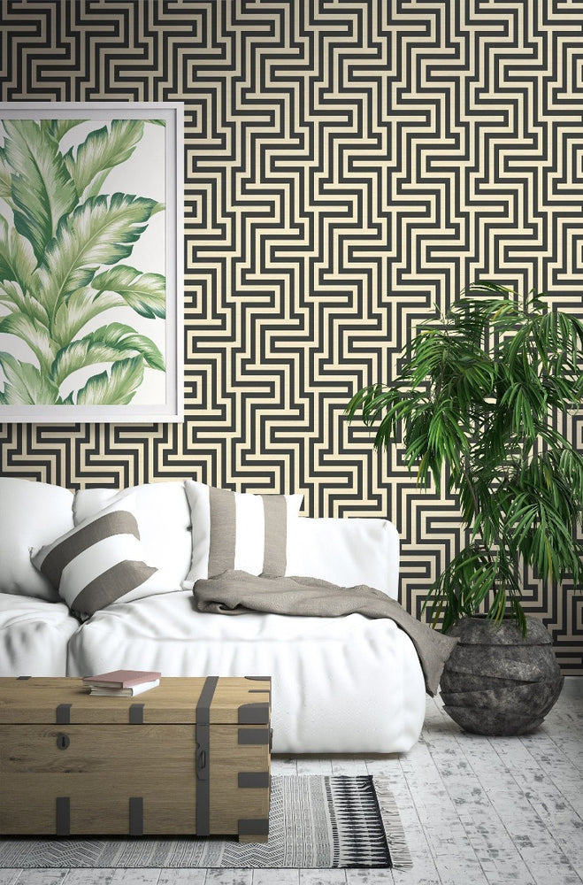 TA20400 Martinique maze geometric wallpaper living room from the Tortuga collection by Seabrook Designs