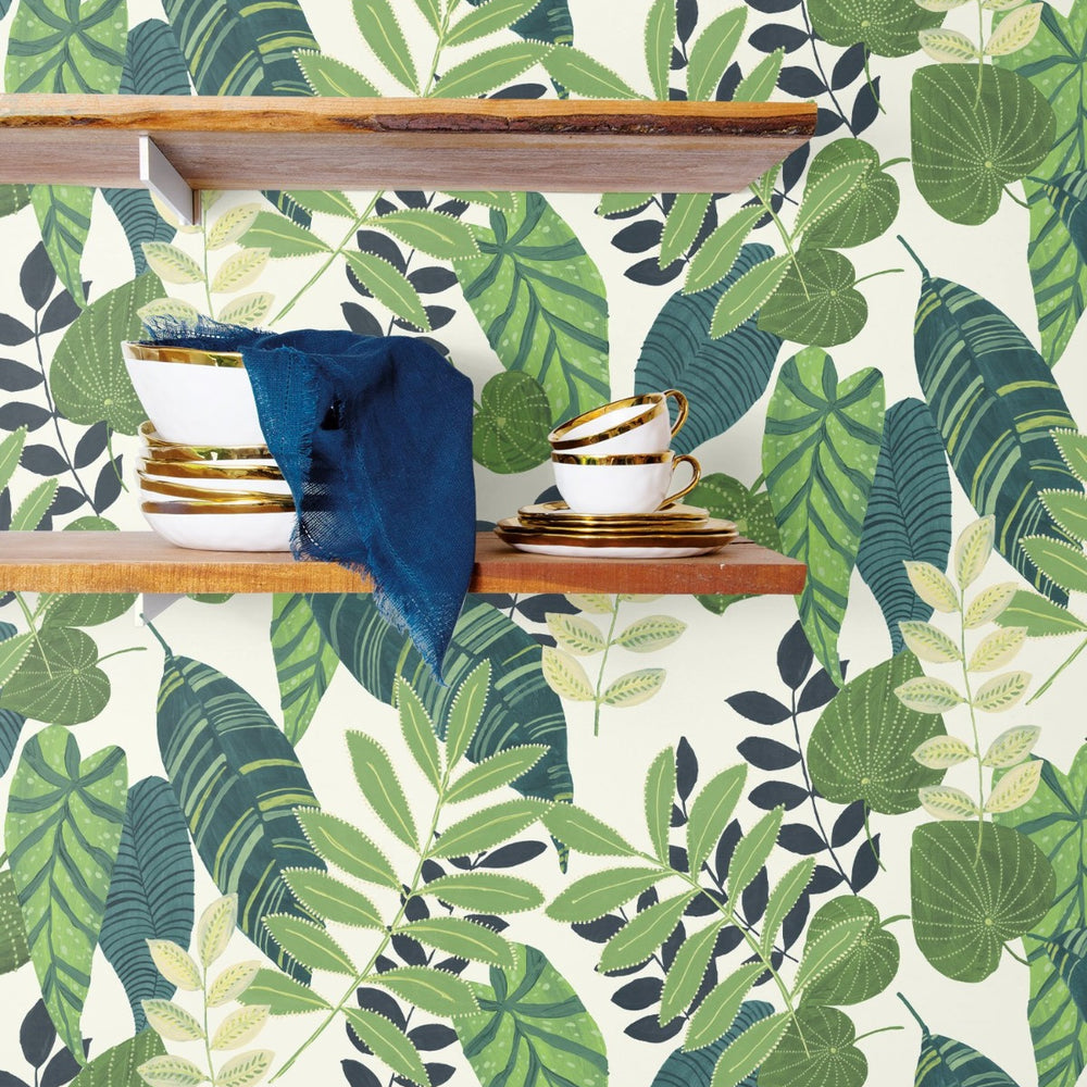 
                  
                    RY30904 tropicana leaves botanical wallpaper shelf from the Boho Rhapsody collection by Seabrook Designs
                  
                