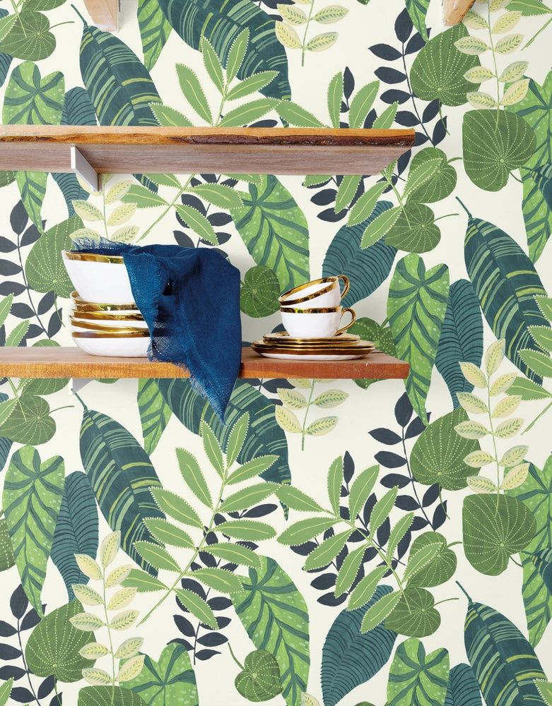 RY30904 tropicana leaves botanical wallpaper shelf from the Boho Rhapsody collection by Seabrook Designs