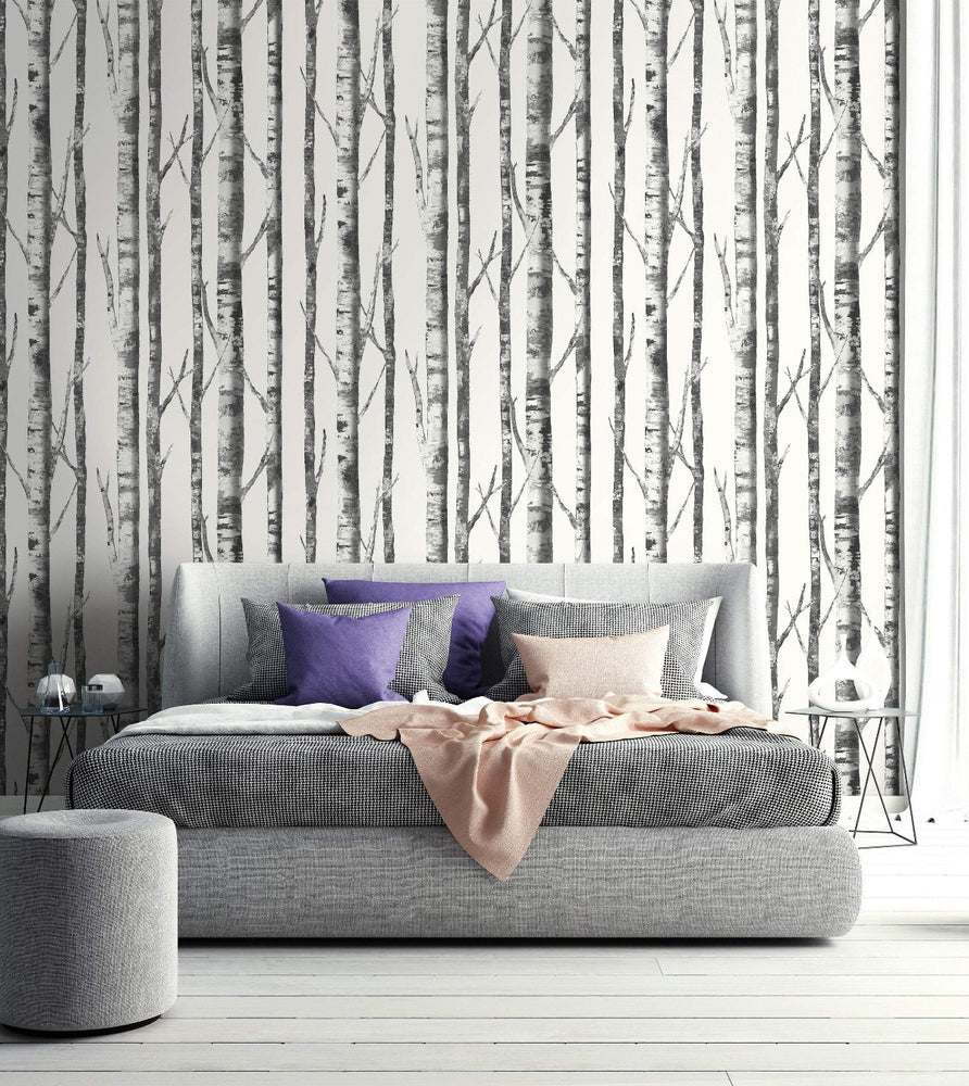 black and white birch tree wallpaper contemporary bedroom