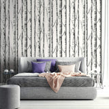 black and white birch tree wallpaper contemporary bedroom