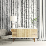 black and white birch tree wallpaper living room